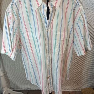 VTG 90s Pastel Vertical Striped Button Up Shirt Size L Distressed grandpa Spring